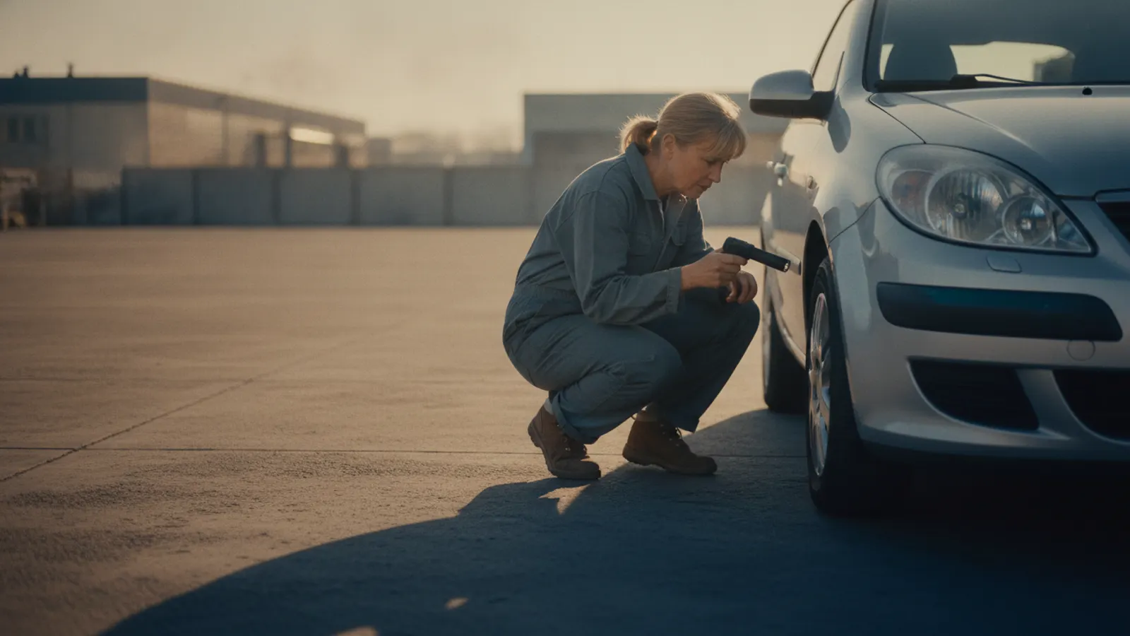 An assessor crouches beside the front wing of a parked car on a workshop forecourt, a small torch in one hand.