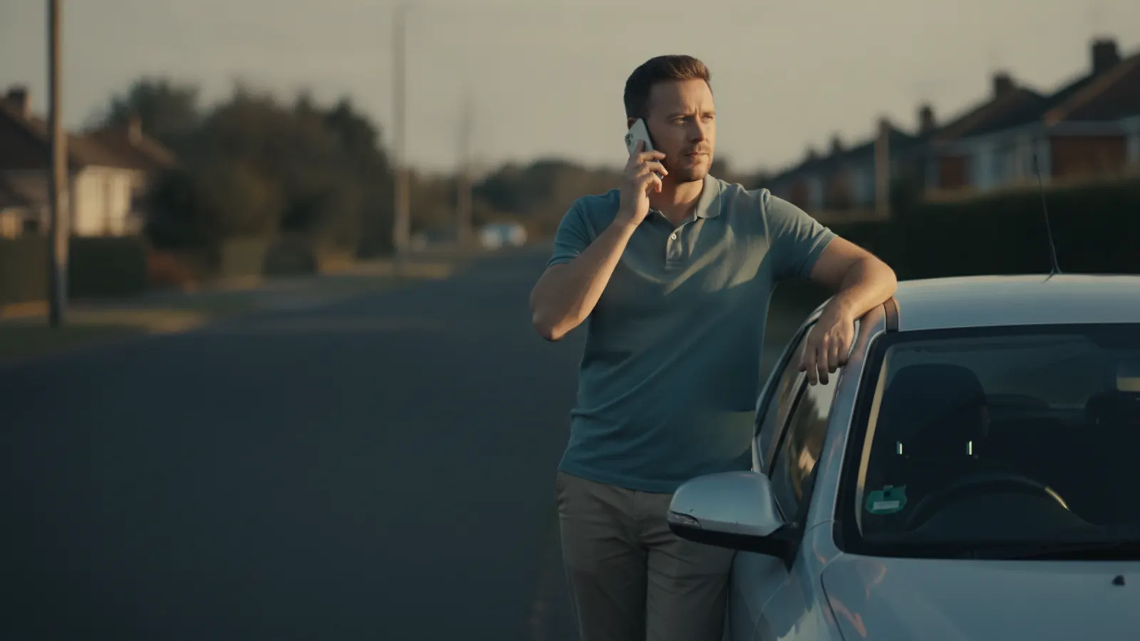 A man on the verge beside his parked car makes a call in warm late-afternoon light, one hand on the open door.