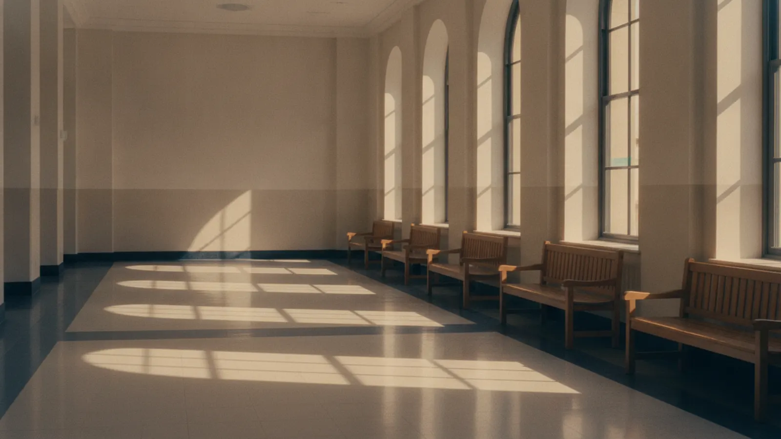 A wide civic corridor in warm late light, with tall windows and empty wooden benches along the wall.