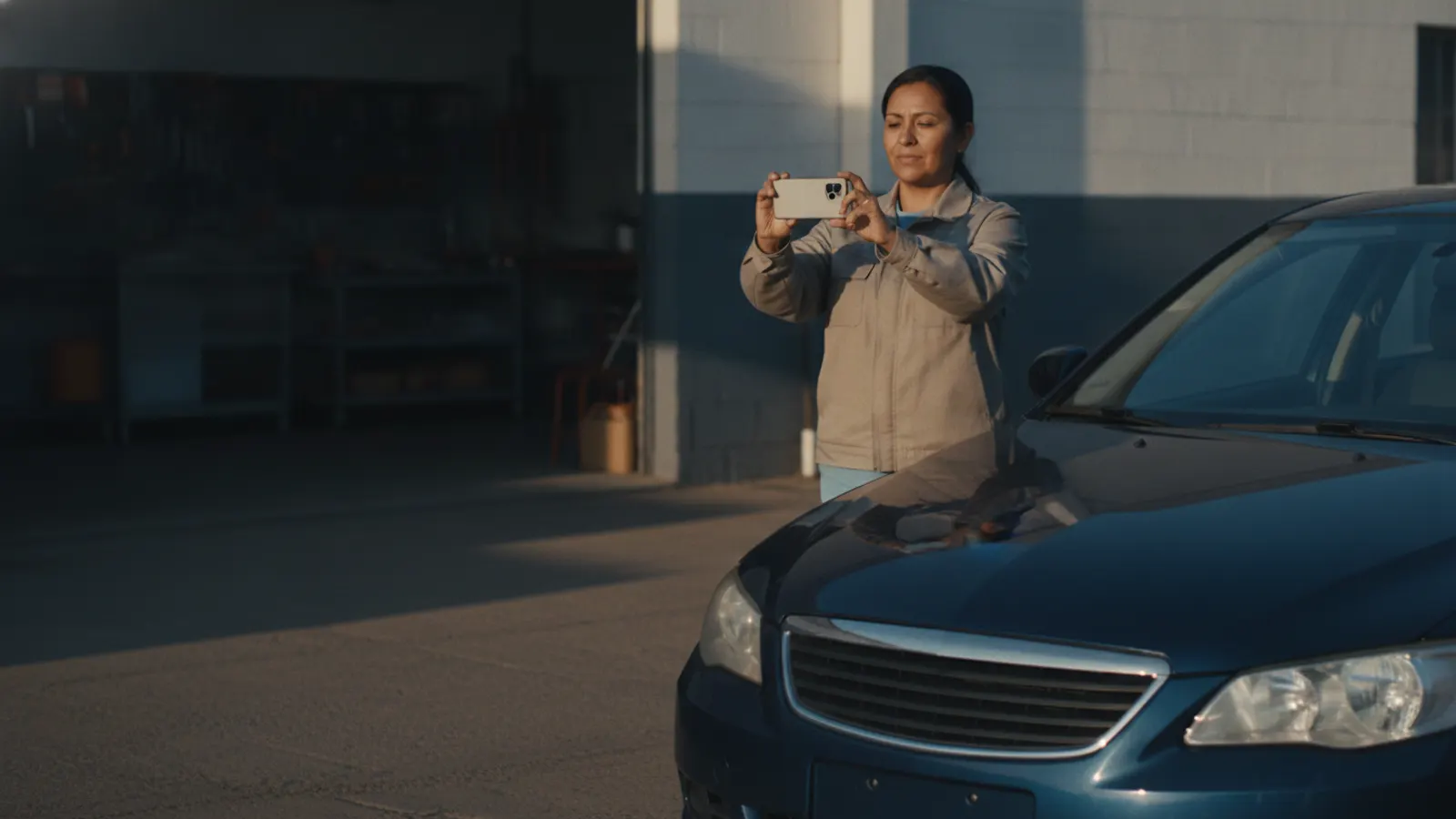 A woman photographs the front wing of a parked car on a workshop forecourt in soft morning light.