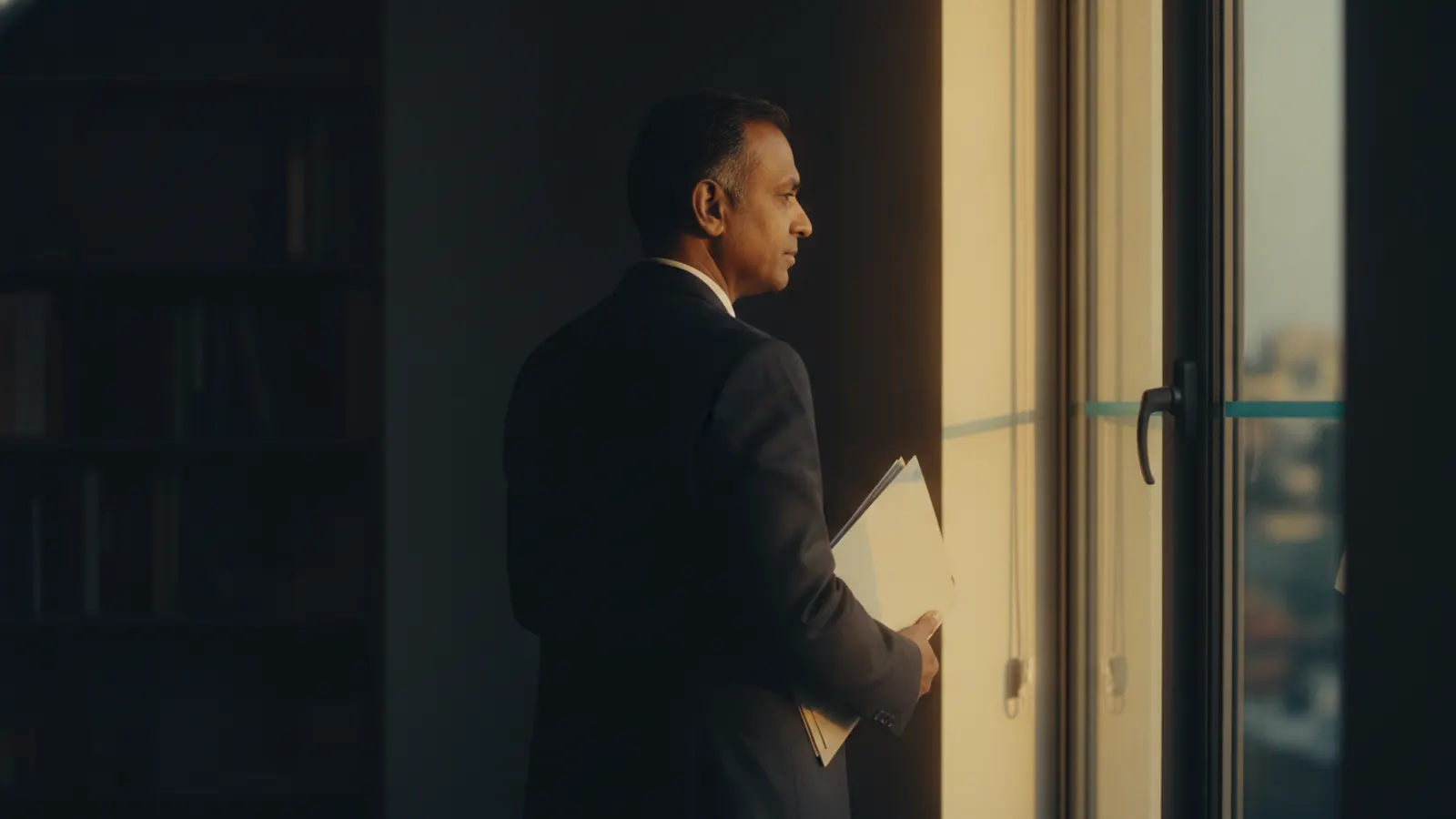 A man stands at a tall office window in warm evening light, a closed folder under one arm.