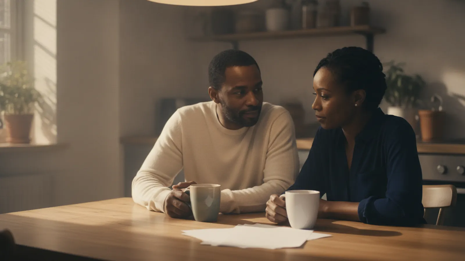 A couple talk quietly at a kitchen table in warm evening light, papers and two mugs between them.