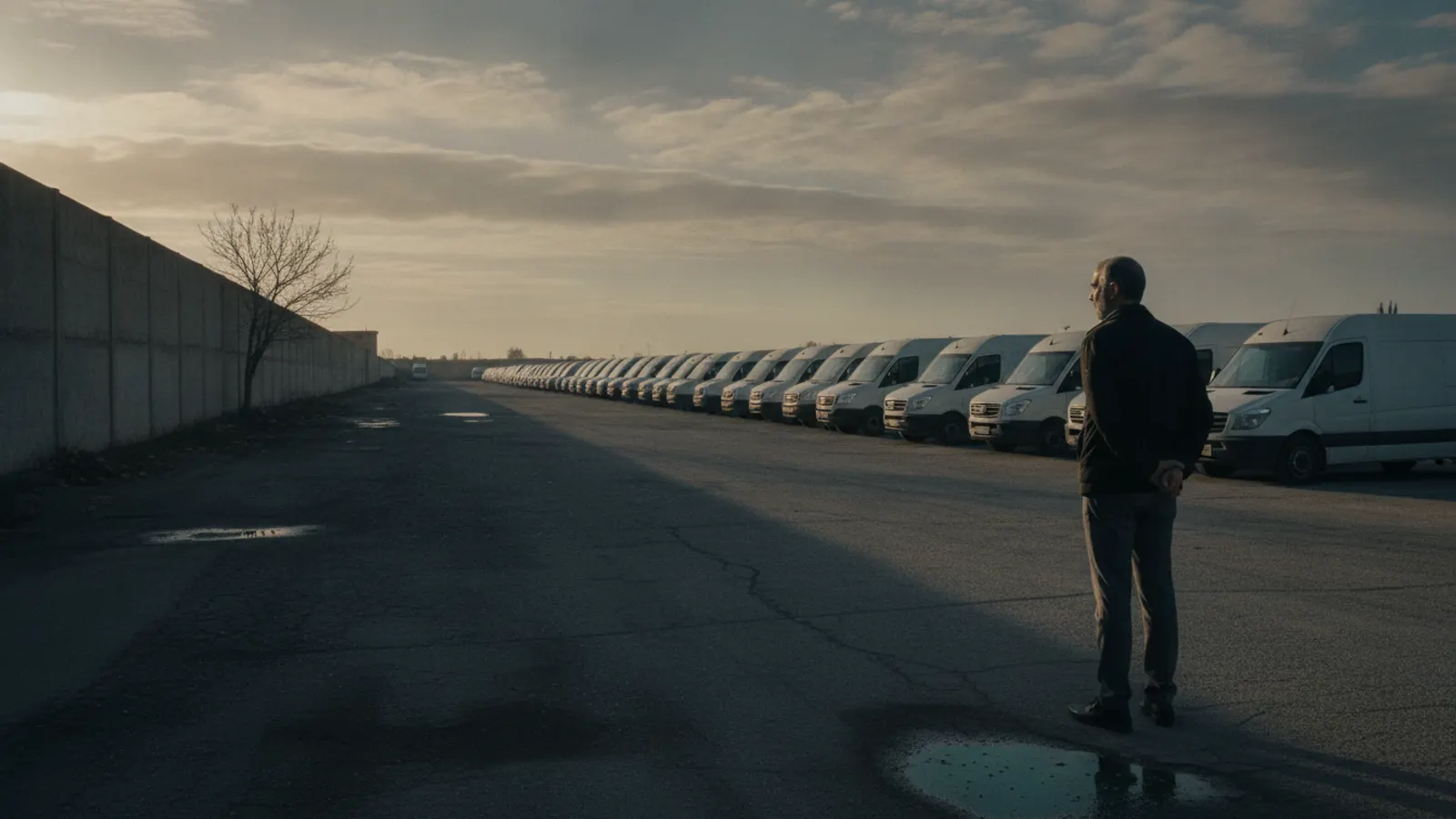 A man stands at the edge of a depot yard at first light, watching a long line of plain vans.