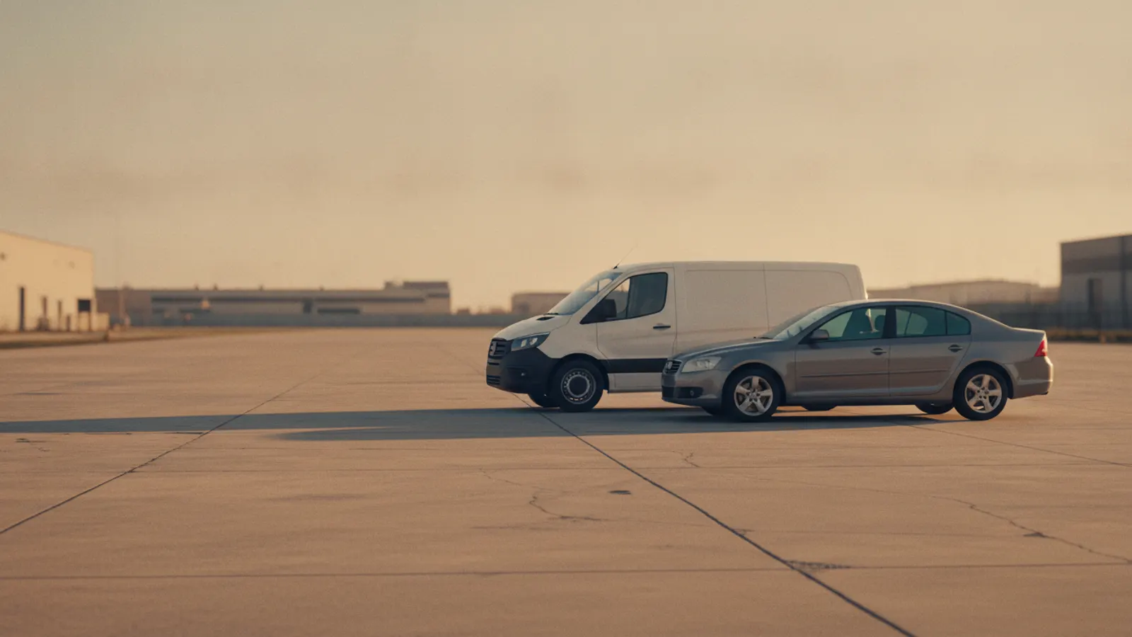 A plain white van and a family saloon parked side by side on a yard apron at golden hour.
