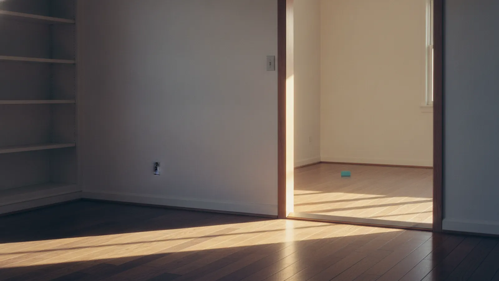 An open interior doorway in warm late-afternoon light, the threshold strip on the floor catching the light and a quiet room beyond.