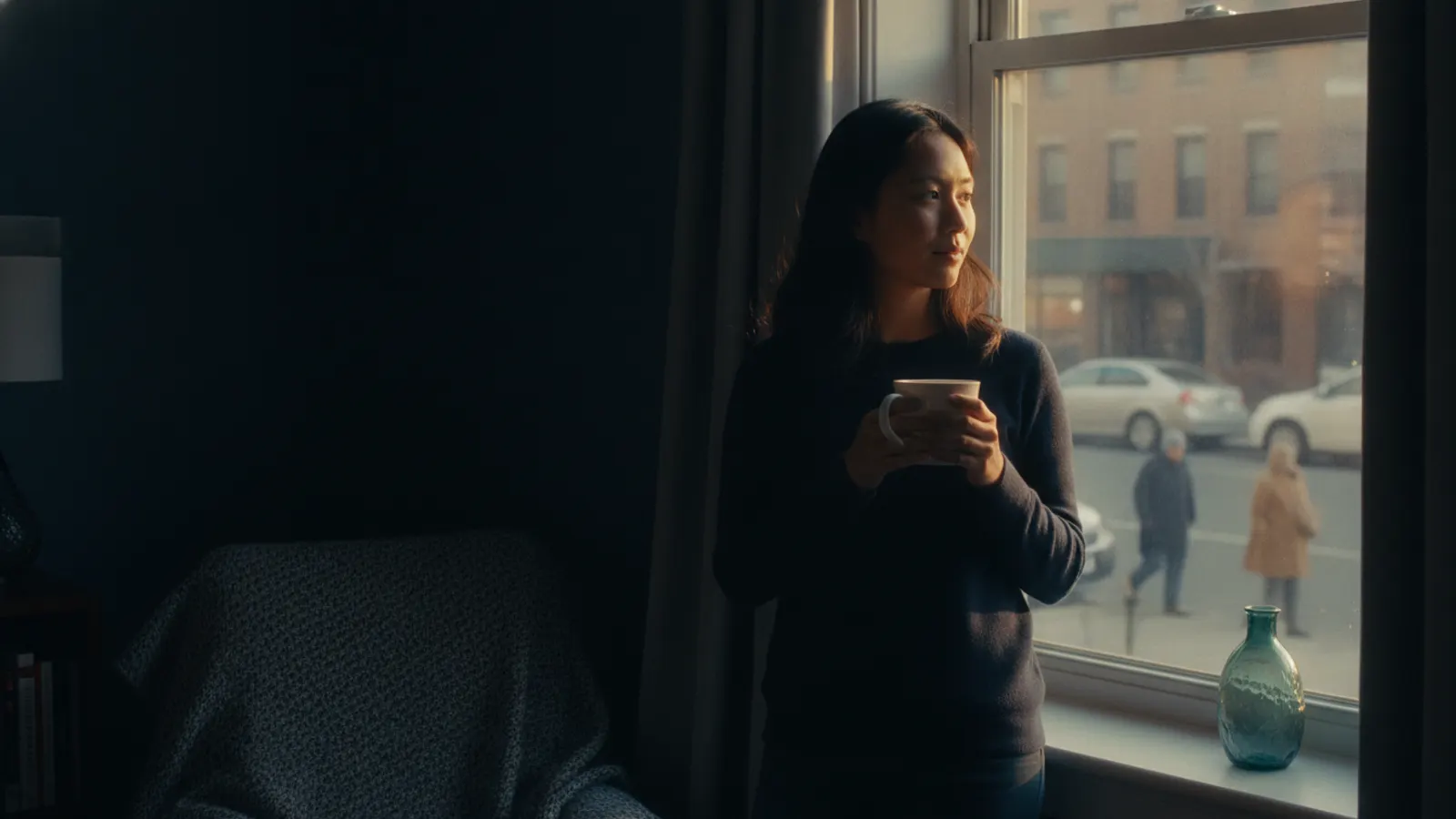 A woman stands at a window in early morning light with a mug in both hands, looking out at the street.