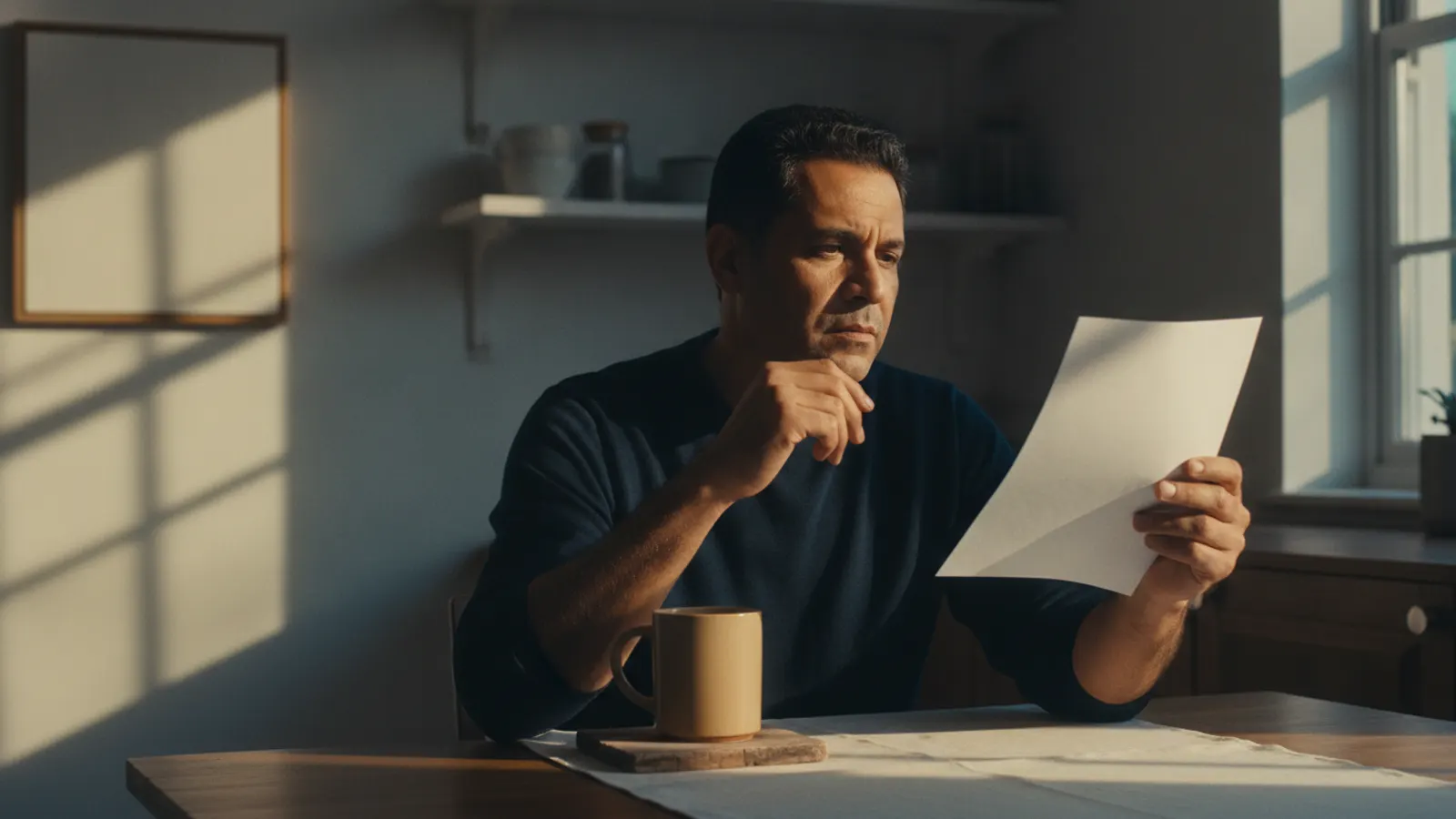 A man at a kitchen table reads a letter carefully in late-afternoon light, a mug beside him.