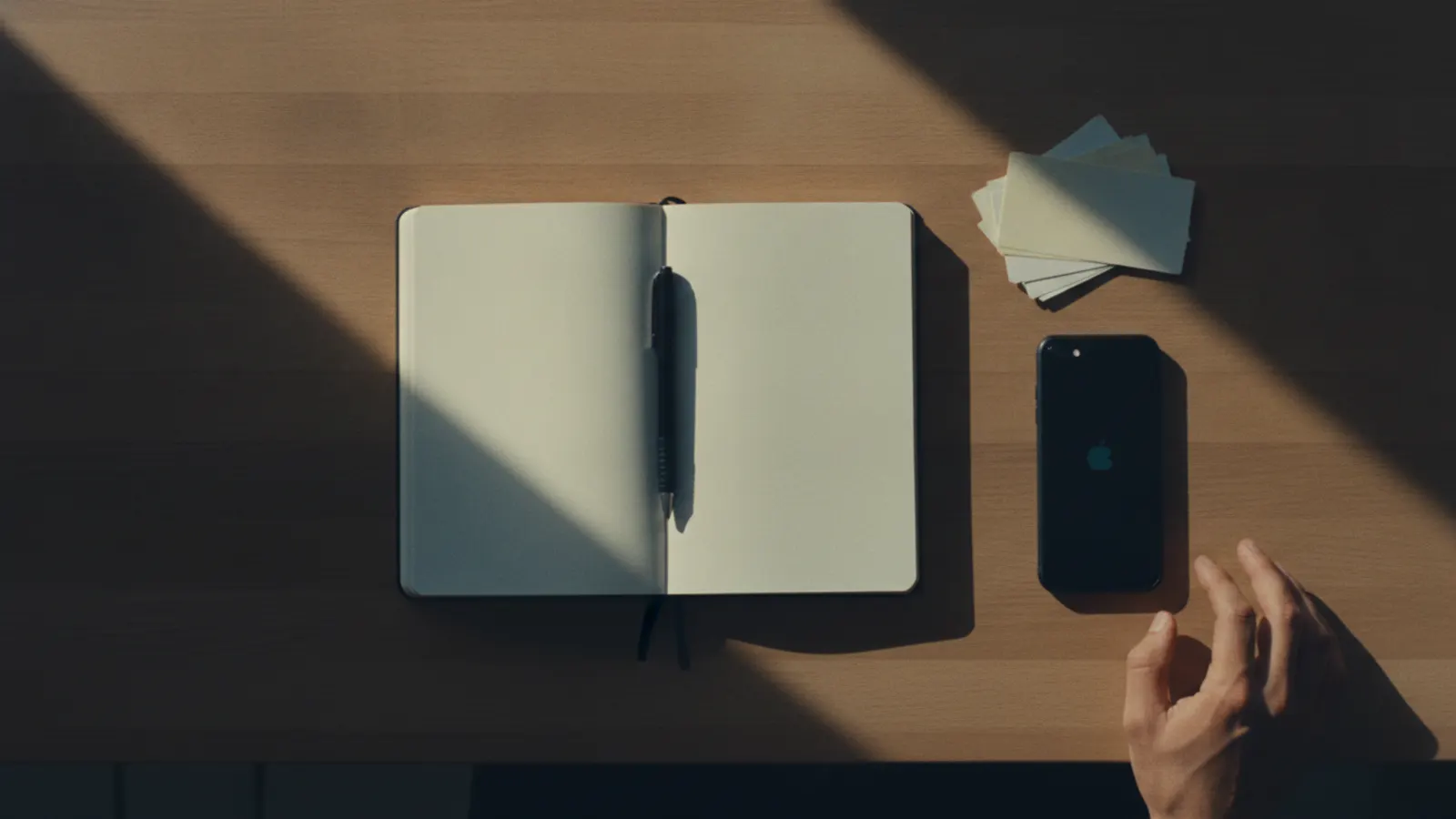 Seen from above, an open blank notebook, a pen, a small pile of receipts and a phone face down on a wooden kitchen table.