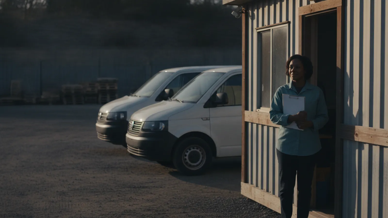 A woman stands in the doorway of a small depot office in warm morning light with a closed clipboard, two plain white vans parked behind her.