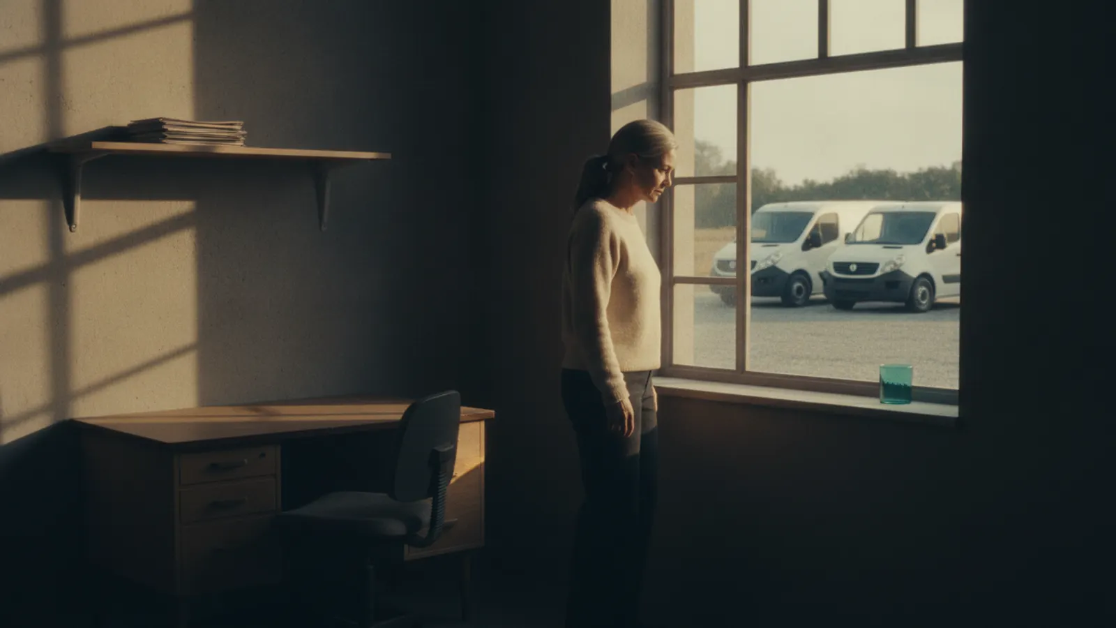 A woman looks down from a small office window at two plain vans parked in the yard below.