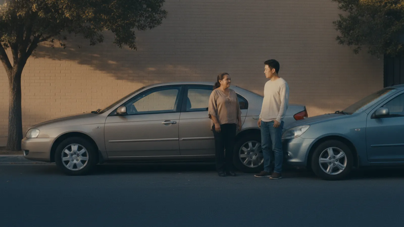 Two drivers talk calmly between their parked cars at the kerb of a quiet street in warm evening light.
