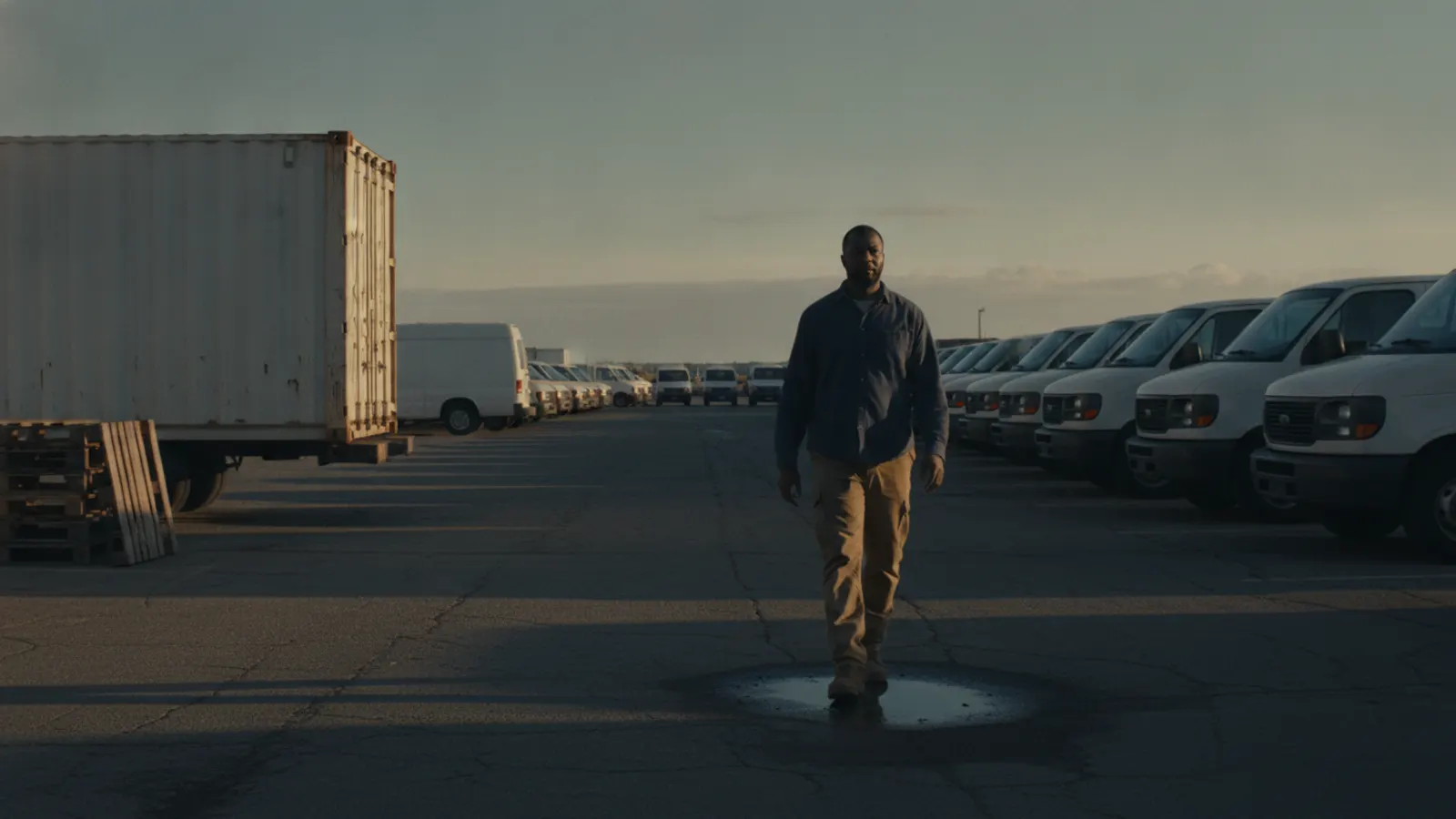 A man in work clothes walks between two rows of plain vans in a depot yard in early light.
