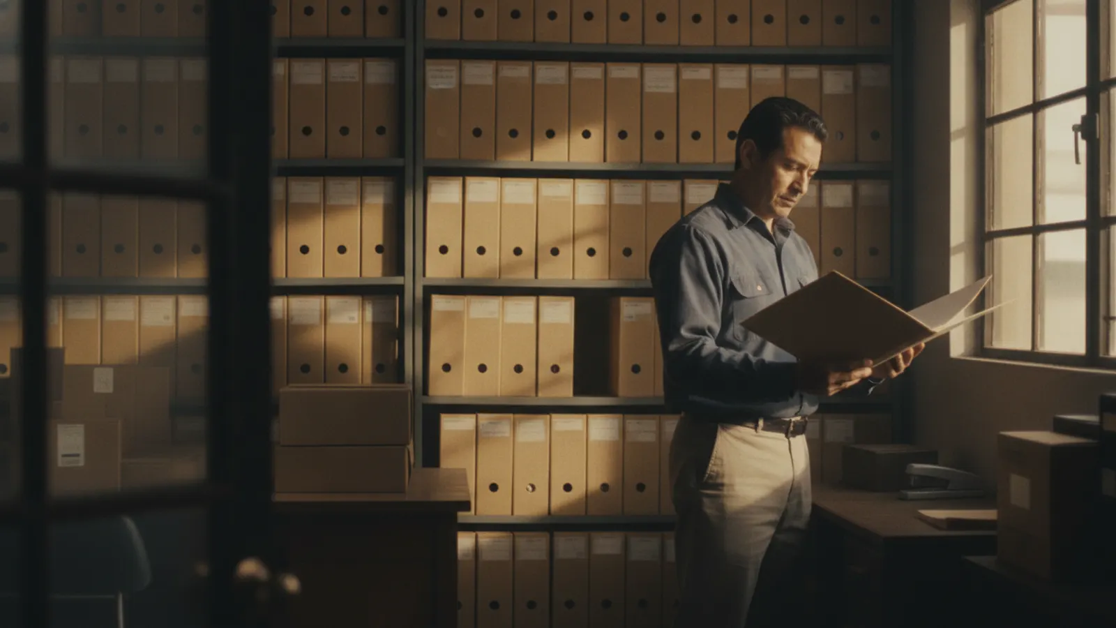 A man stands at a shelf of plain folders in a small depot office, one folder open in his hands.
