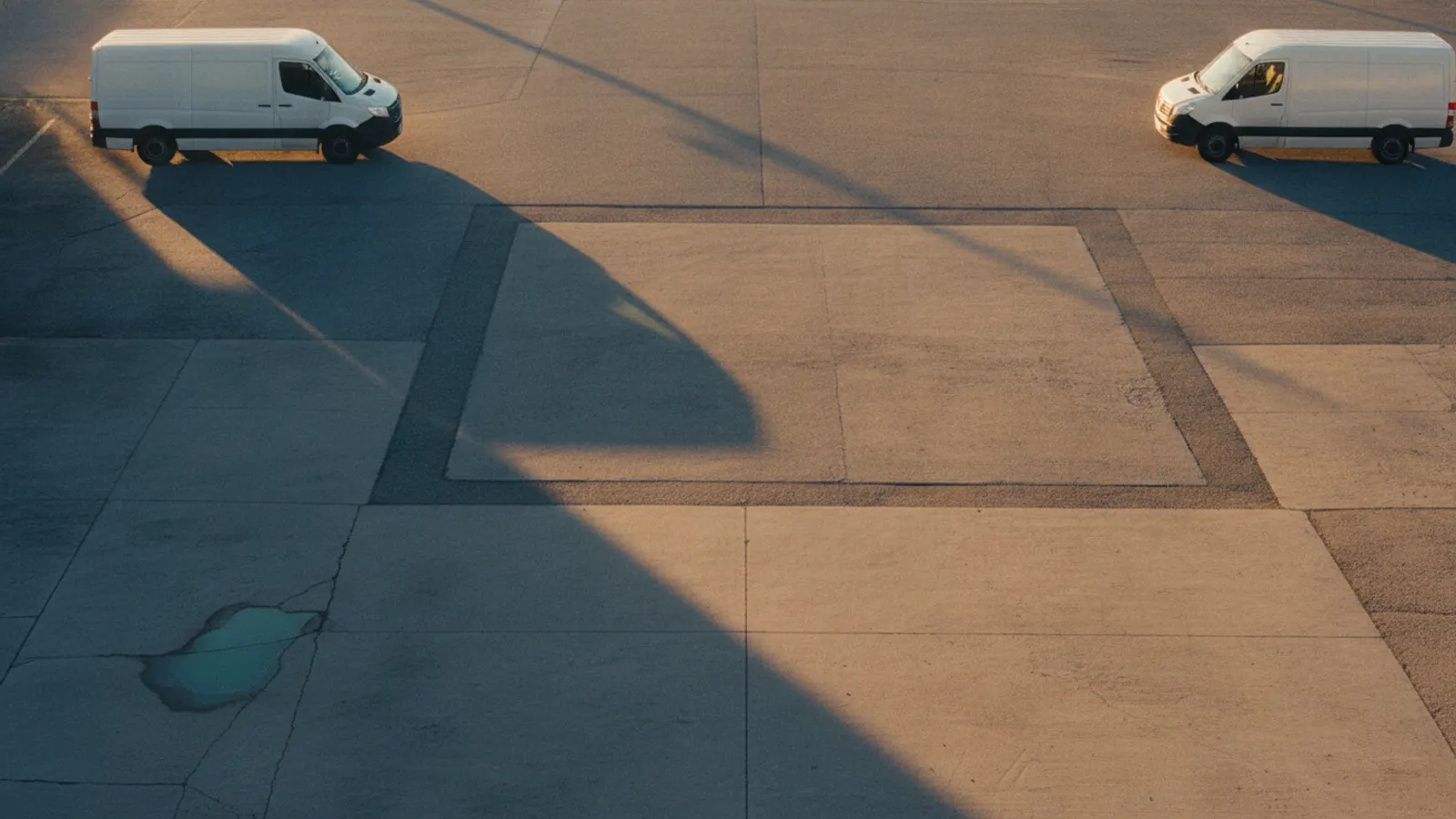 An empty parking bay at dawn between two plain vans in a depot yard, long shadows across the tarmac.