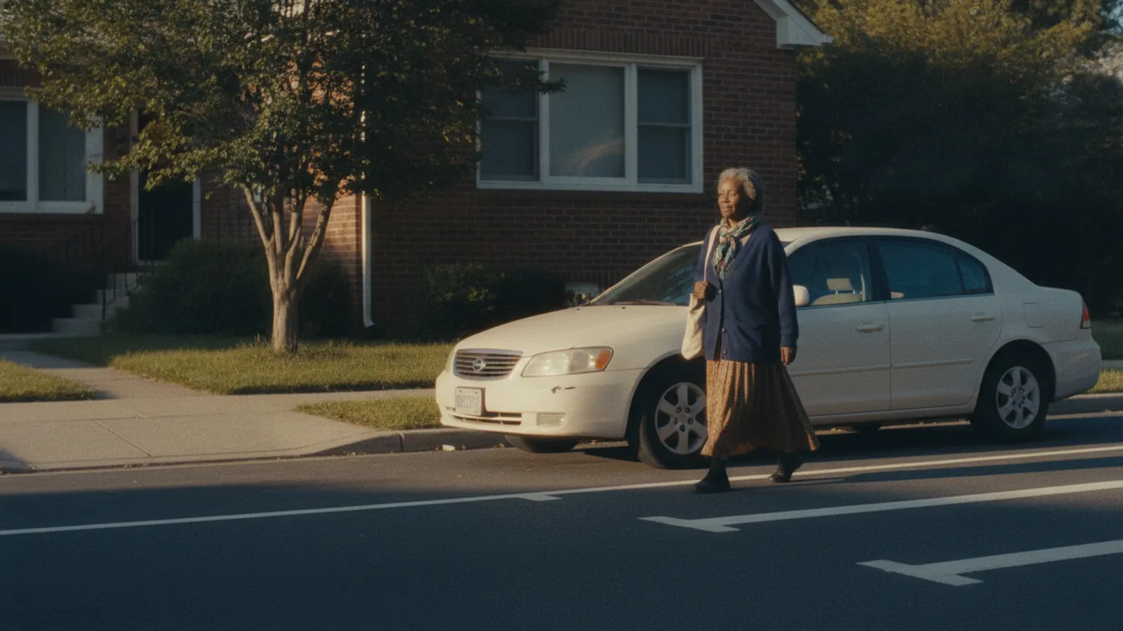 A woman crosses a marked crossing on a residential street while a car waits well back from the line.