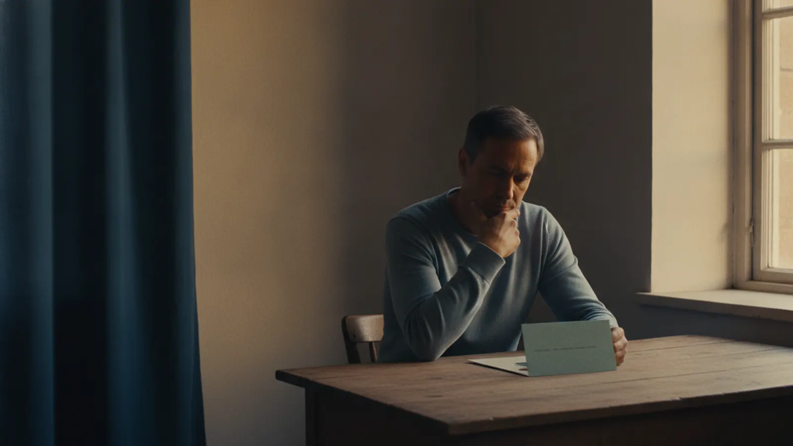 A man sits thinking at a bare desk beside a window in late-afternoon light, a closed folder in front of him.