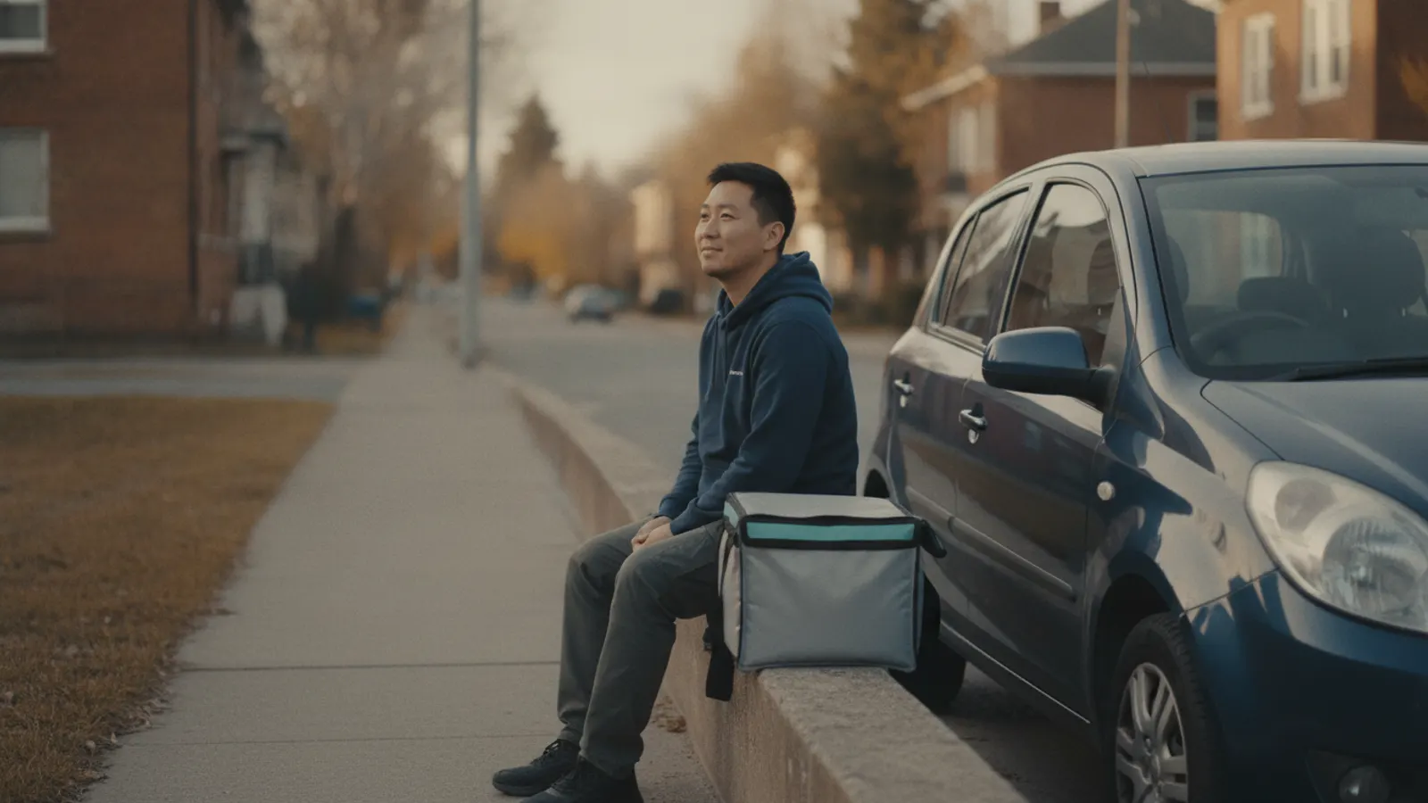 A delivery driver sits on a low wall beside his parked car in warm evening light, his insulated bag beside him.