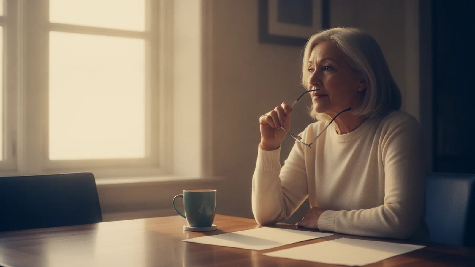 A woman sits at a dining table in morning light with papers spread out and her reading glasses in one hand.