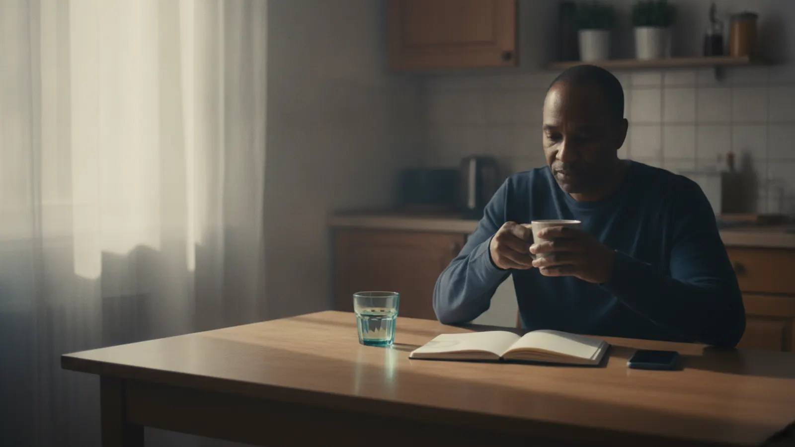 A man sits at a kitchen table in morning light with a mug, a blank notebook and his phone face down.