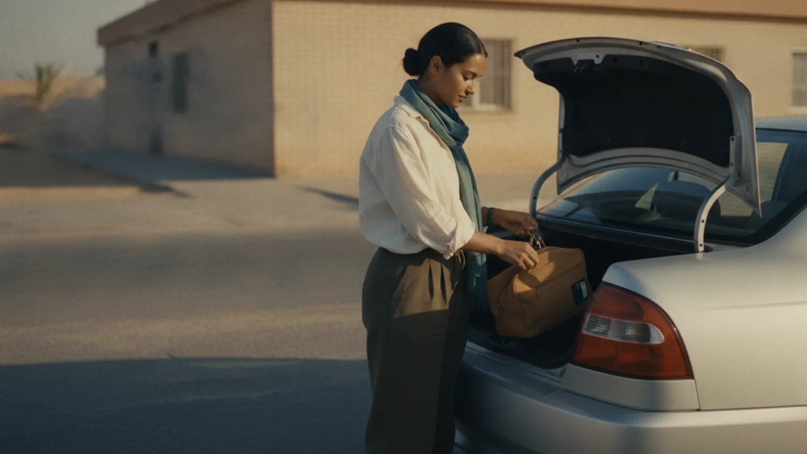 A woman settles a small kit bag into the open boot of her parked car in morning light.