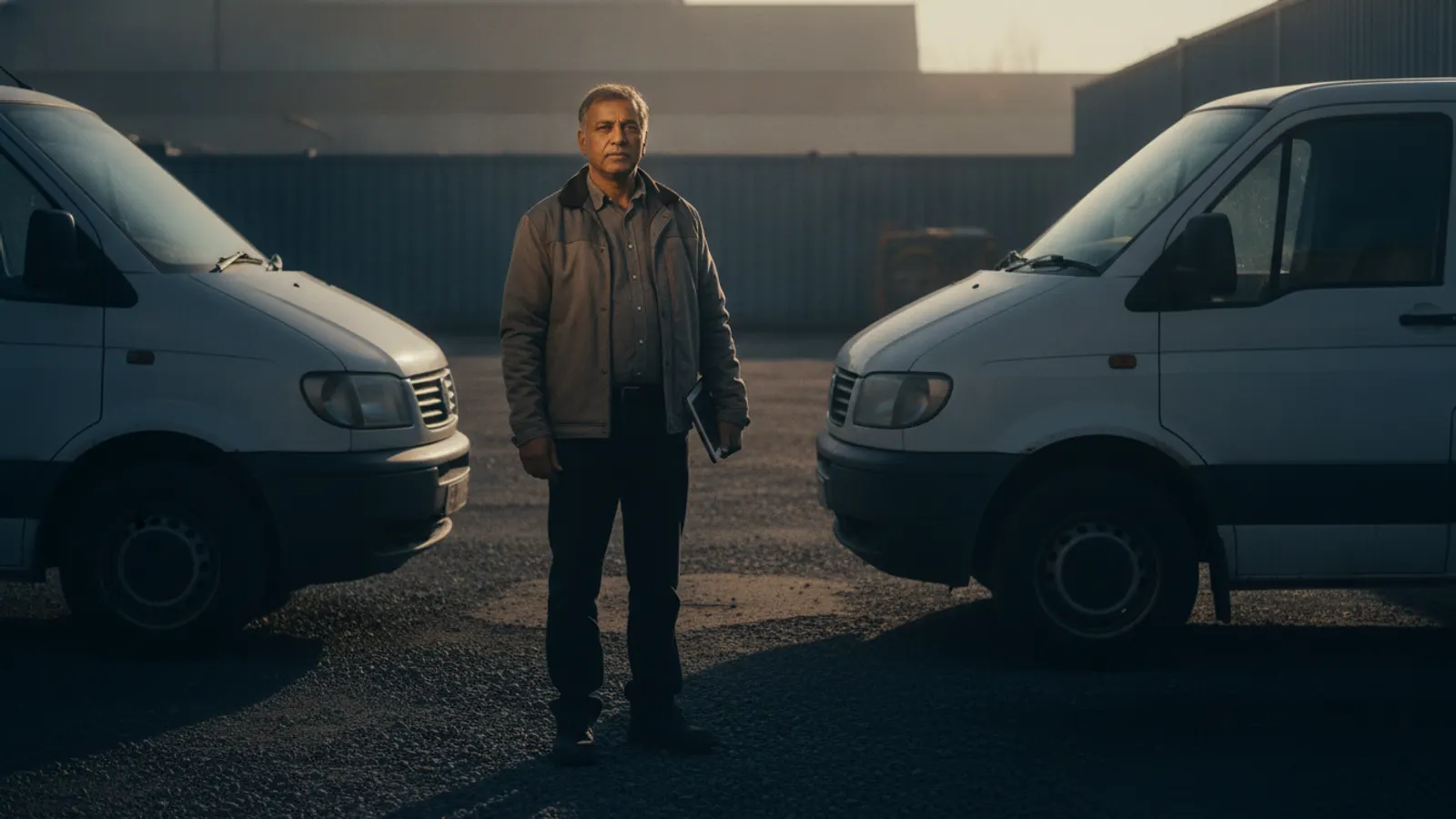 A fleet manager stands between two plain white vans in a depot yard at dawn, a tablet held at his side.
