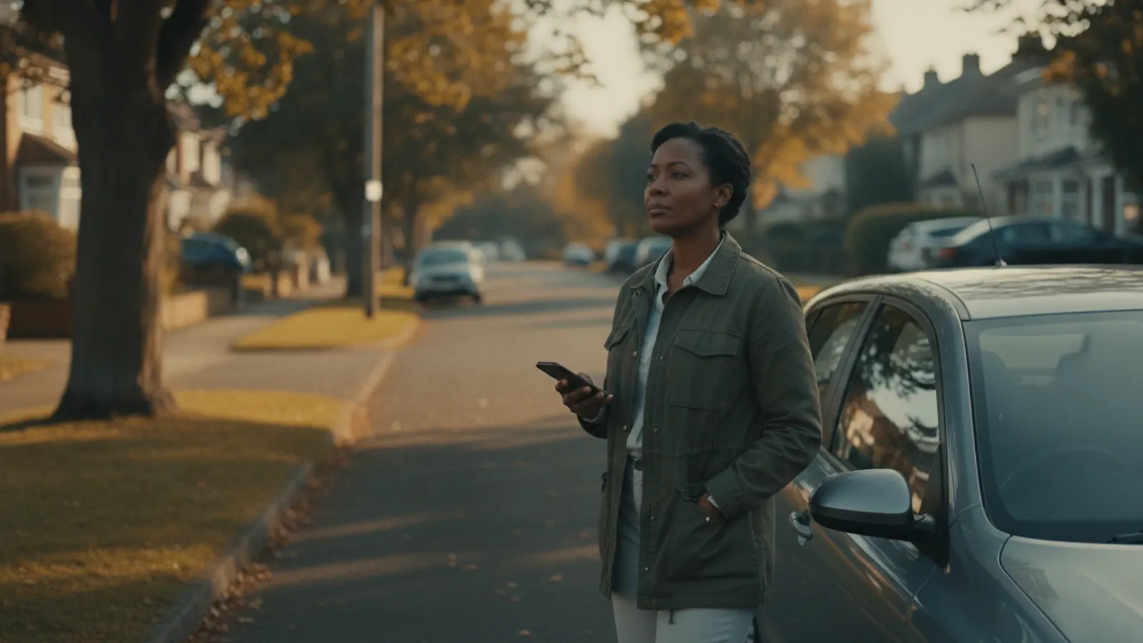 A woman stands beside her parked car on a quiet street in early-morning sunlight, her phone lowered in one hand.