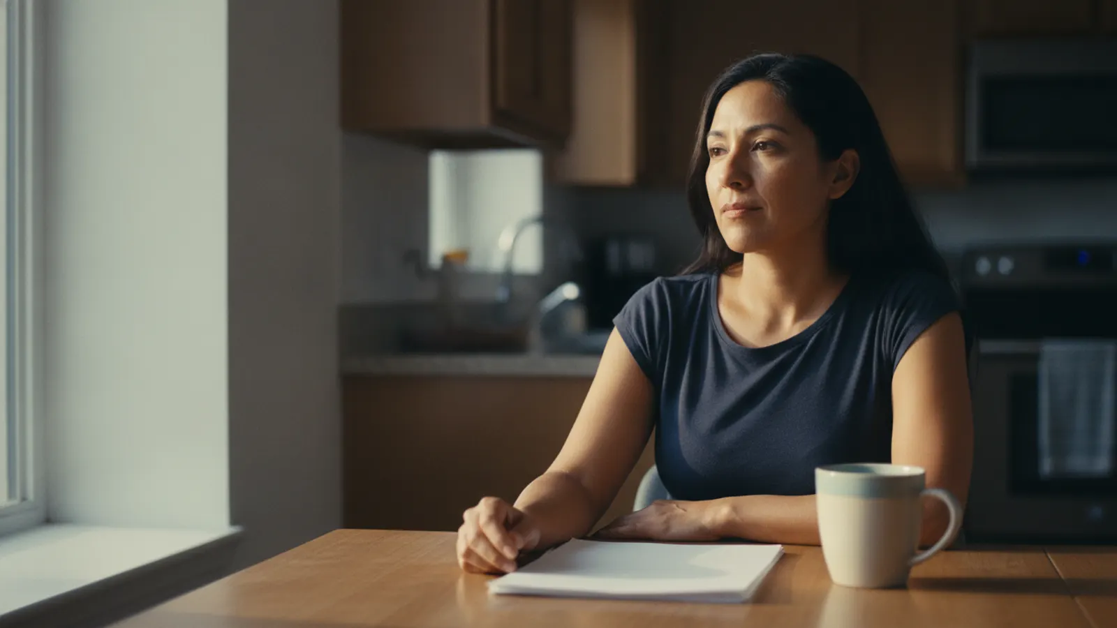 A woman sits at a kitchen table in warm morning light with a small stack of papers squared in front of her and a mug beside them.