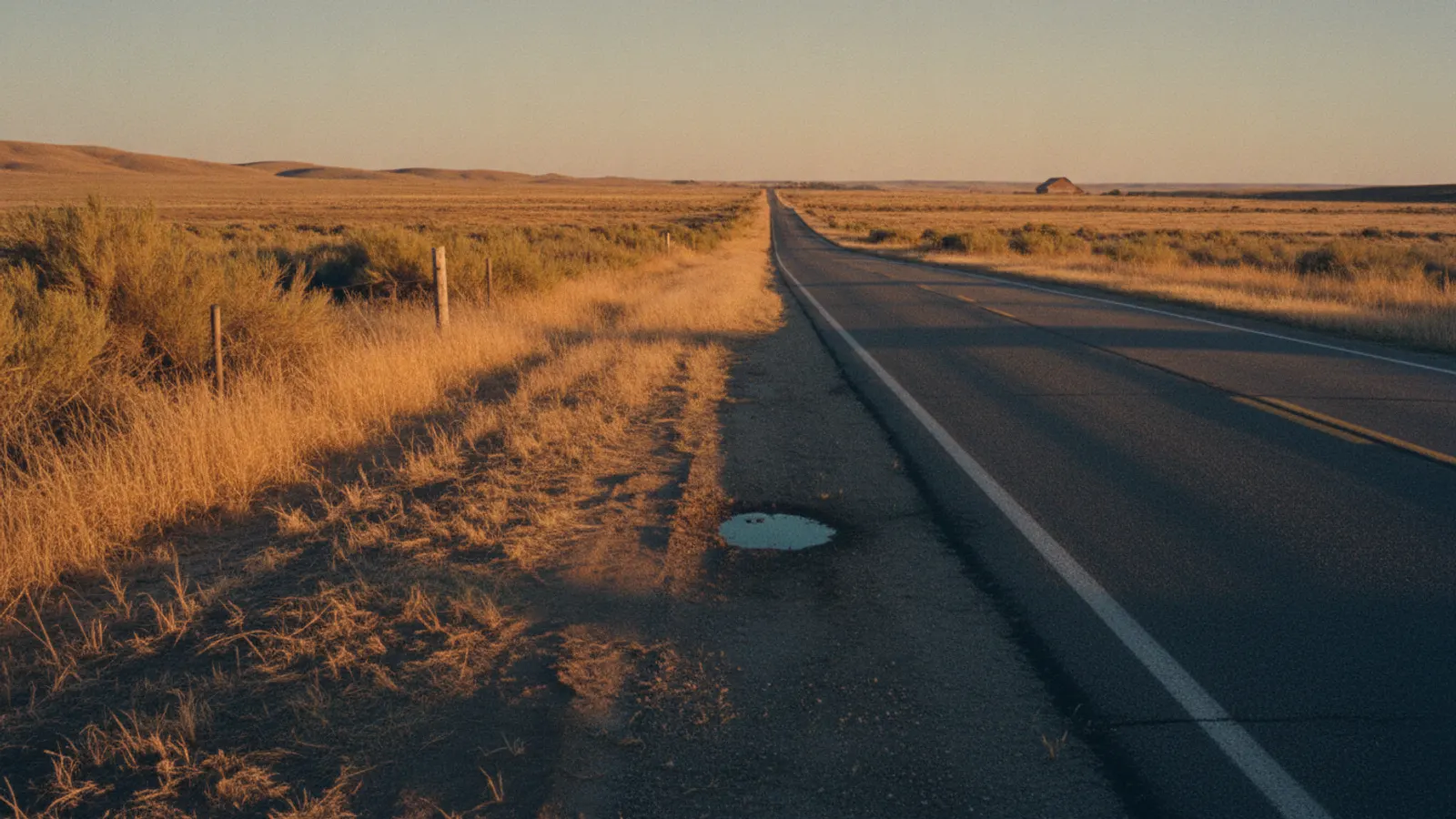 An empty two-lane road running toward low hills at golden hour.