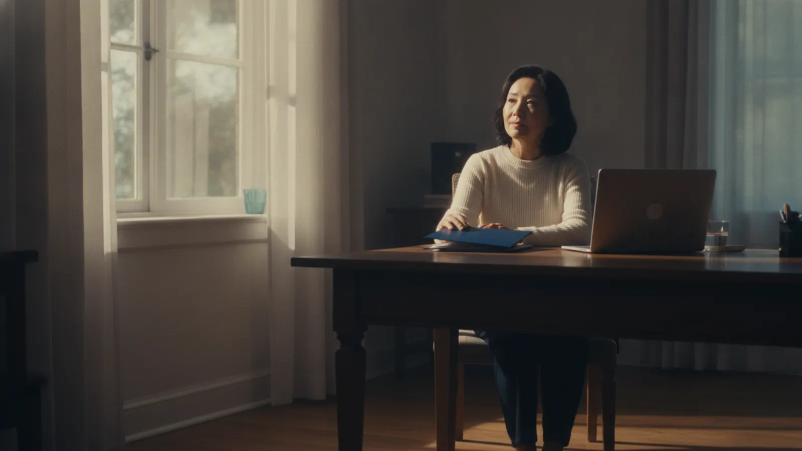 A claims professional at a desk beside a tall window in afternoon light, one hand resting on a closed folder.