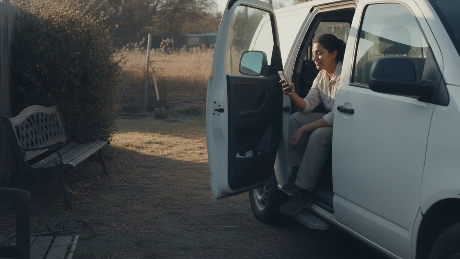A driver sits in the open doorway of a stationary van with her phone in hand, in warm morning light.