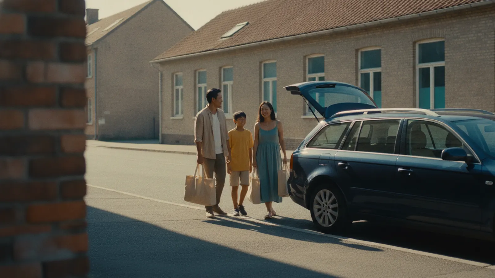 A family of three load bags into the open boot of their parked car on the pavement in warm morning light.