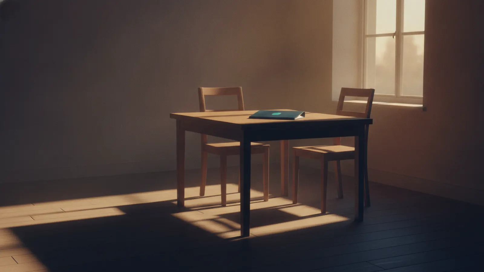 Two chairs at a bare wooden table in a quiet room at golden hour, with one closed folder on the table.