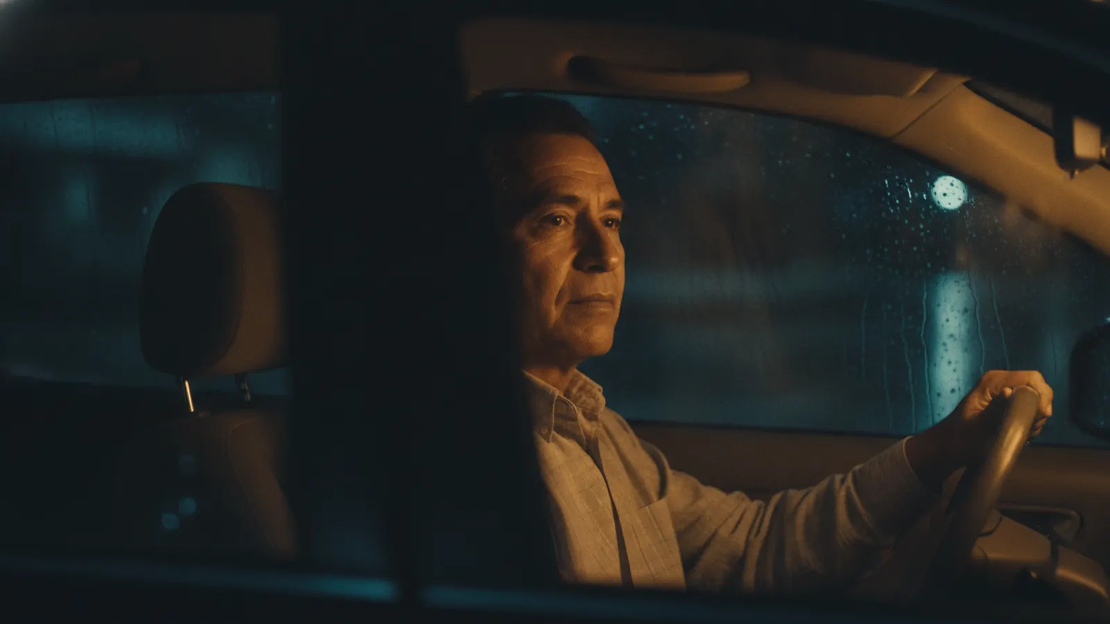 A driver's composed face at night, softly lit by the glow of the instruments, rain beading on the side glass.