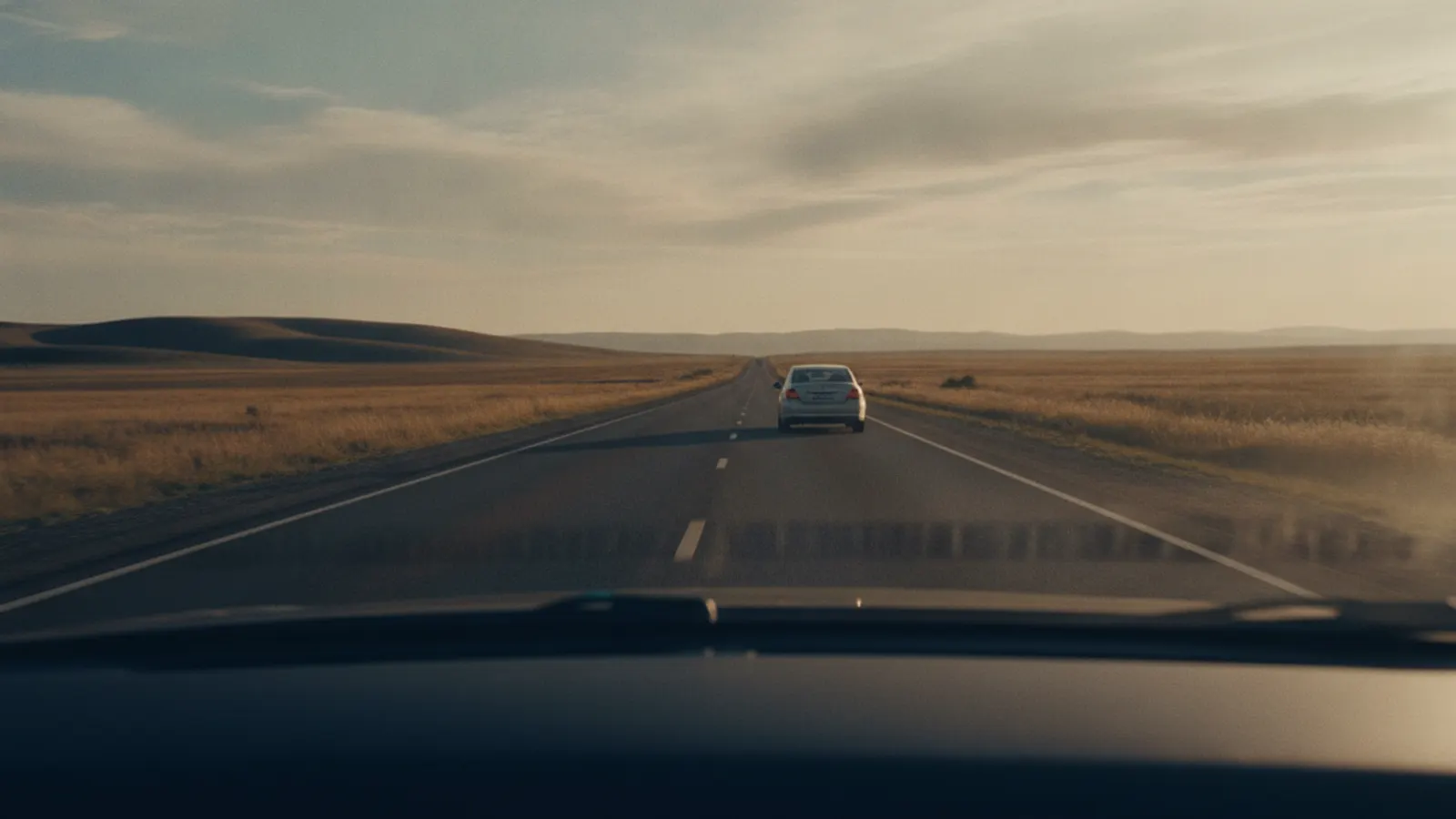 A long straight country road in warm late light seen through a windscreen, one vehicle far ahead.