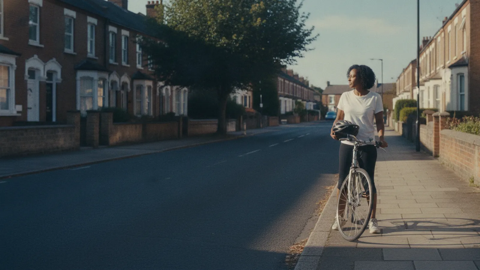 A woman stands on the pavement beside her bicycle on a quiet residential street in warm morning light, helmet in one hand.