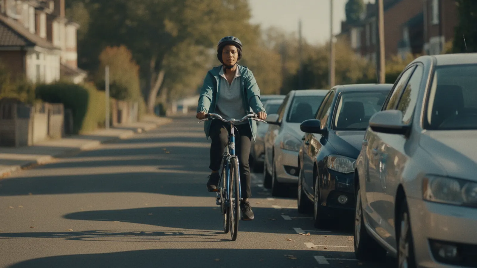A cyclist rides past a line of parked cars on a quiet street, keeping a clear metre of space from the doors.