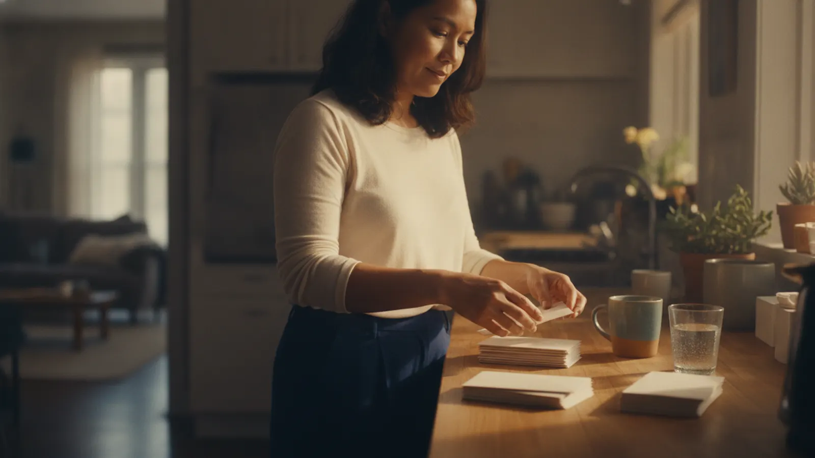 A woman at a kitchen counter in warm morning light sorts a small stack of plain envelopes into two piles.