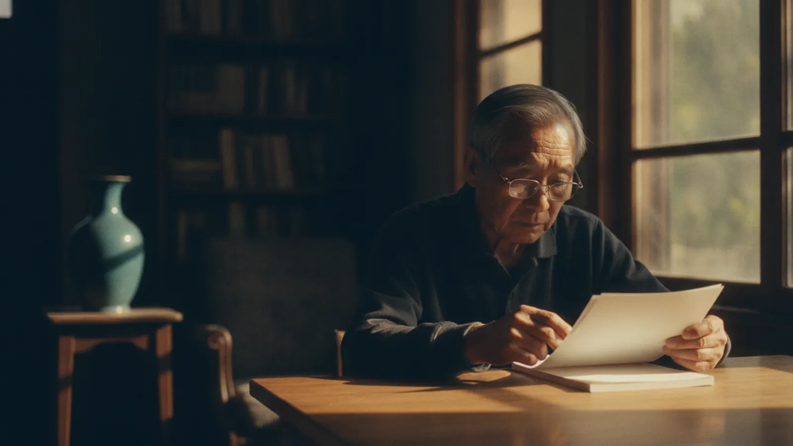 An older man reads a small stack of pages at a table beside a window in afternoon light, one finger holding his place.