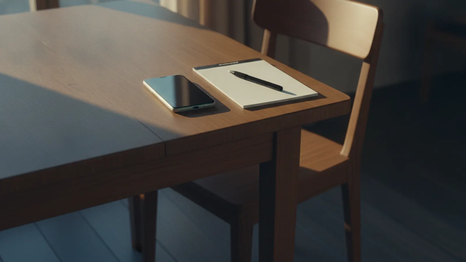 A phone lies face up on a bare wooden table in warm daylight beside a blank notepad and a pen, its screen dark.