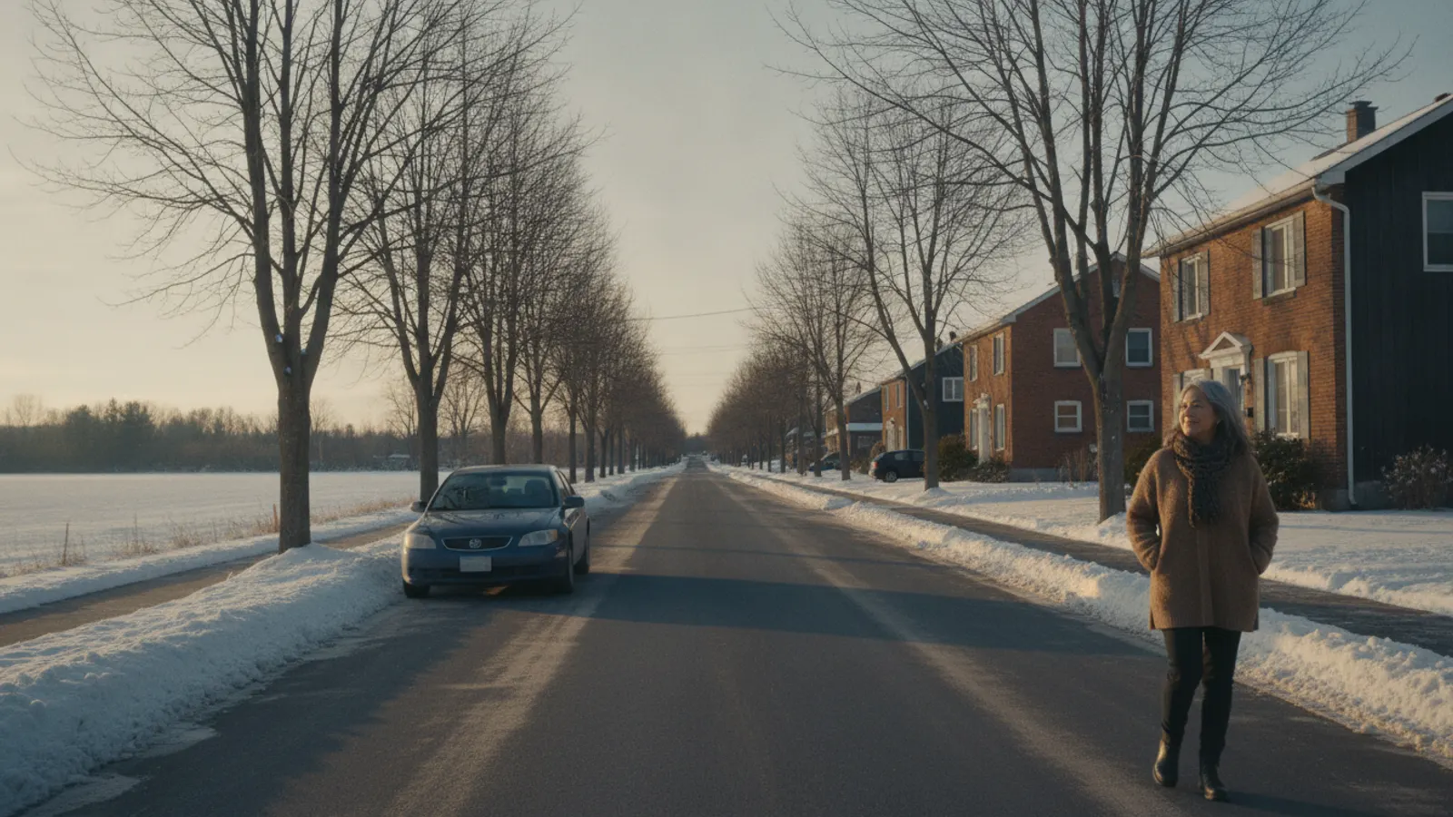 A quiet Canadian town street in late-afternoon winter light, with snow along the kerb.