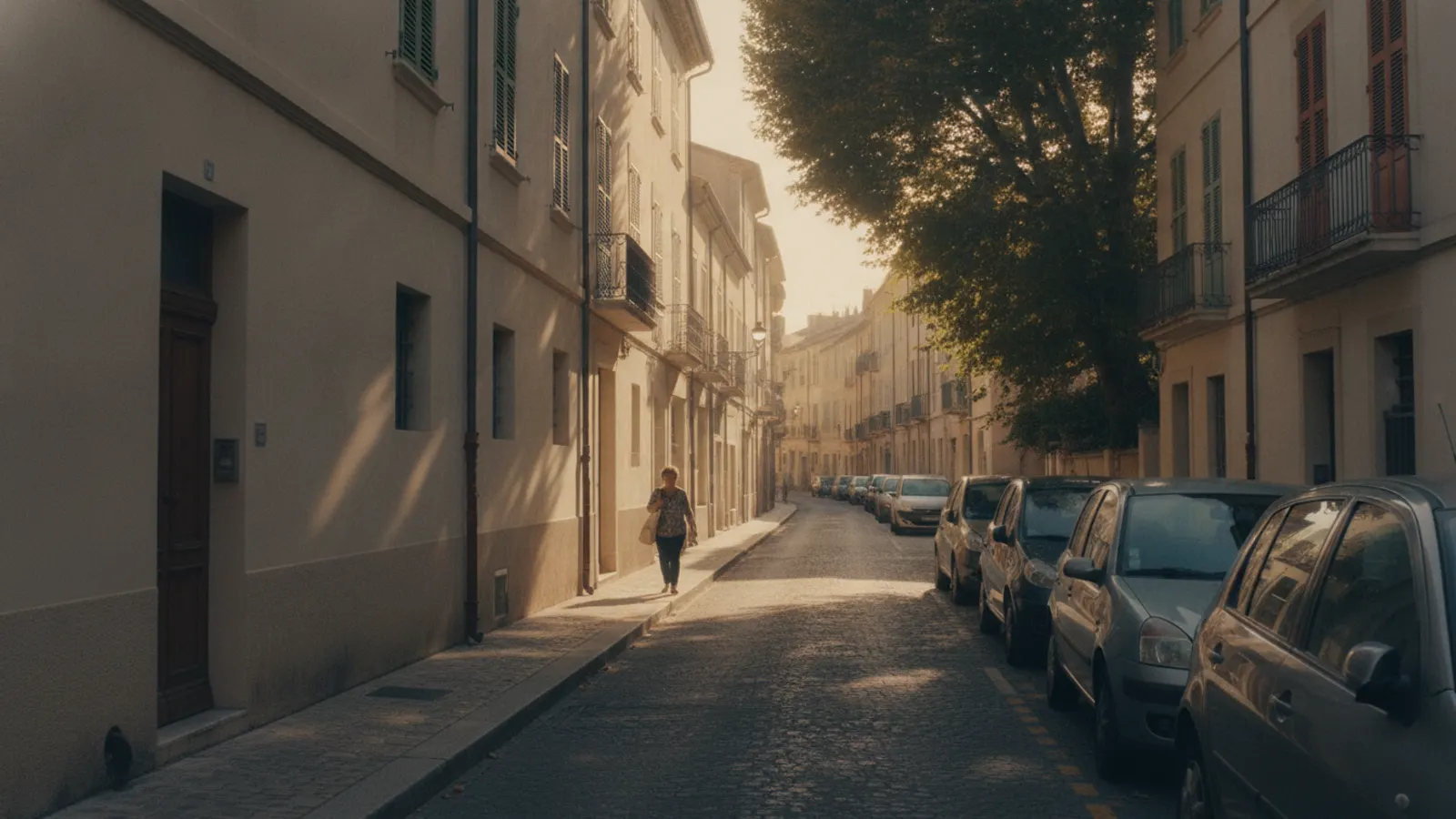 A narrow European street at golden hour, with shuttered façades and compact cars parked along one side.