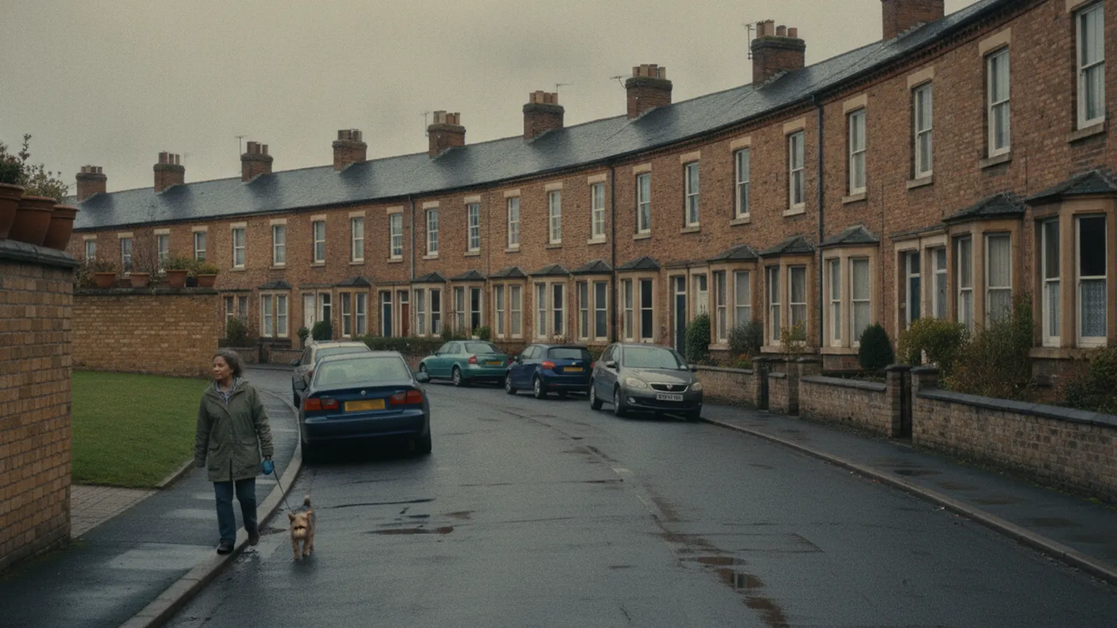 A terraced brick street in a British town on a wet overcast morning, cars parked half on the kerb.