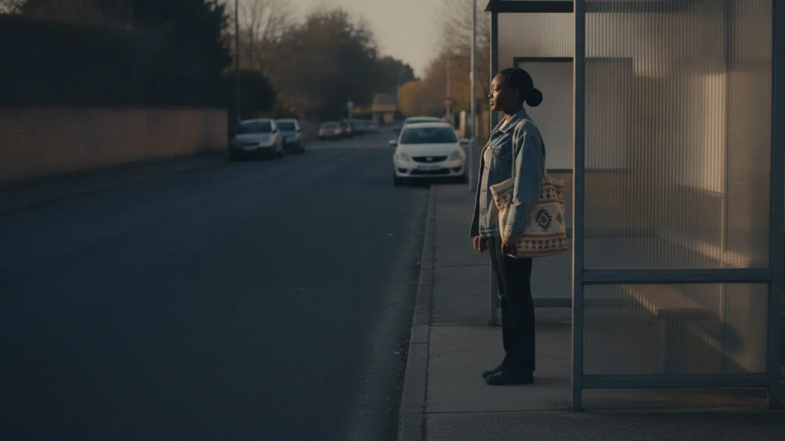 A woman waits under a plain bus shelter on an ordinary street in warm morning light, looking down the road.