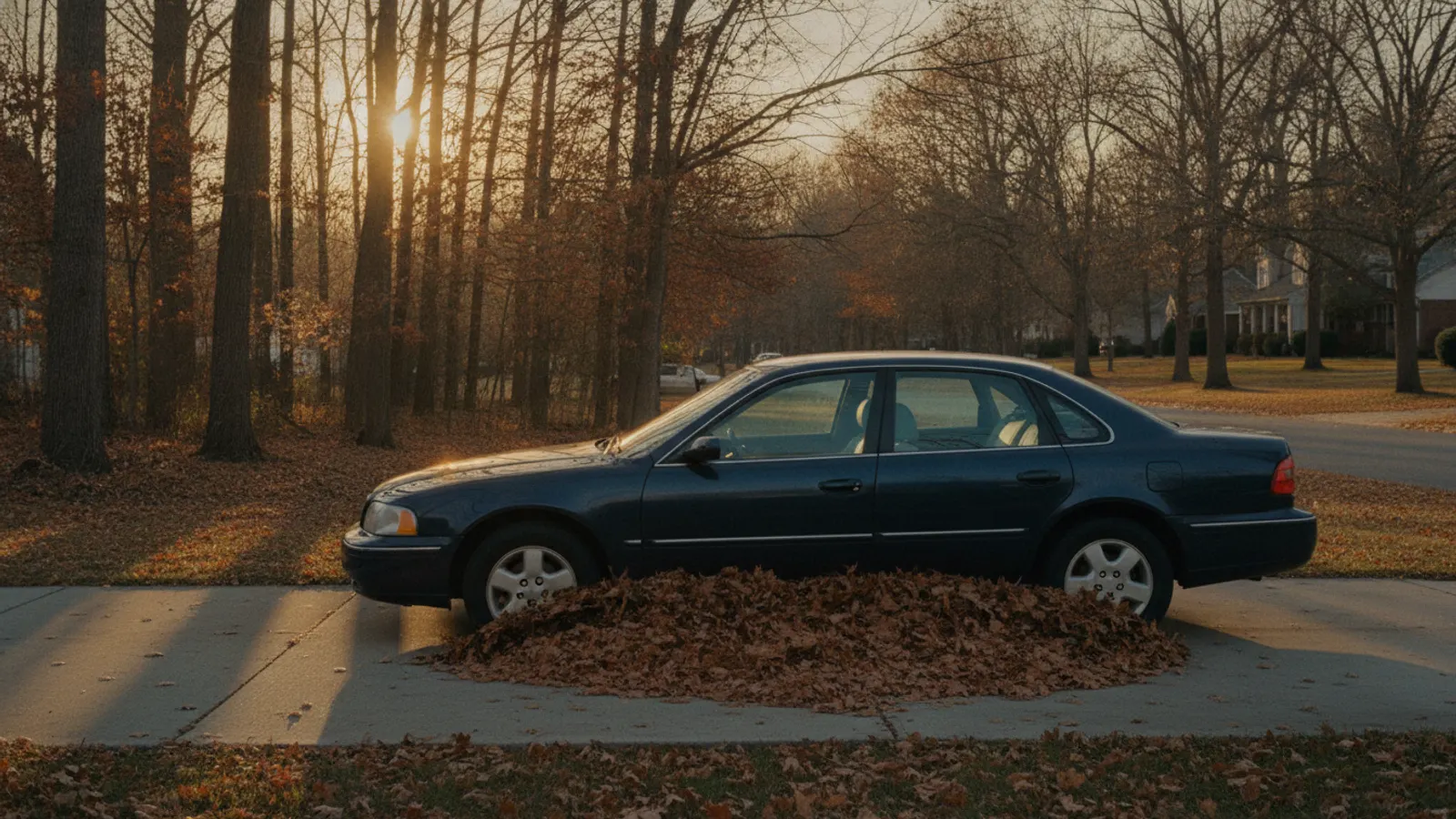 A car on a driveway at golden hour with fallen leaves around its wheels and a low autumn sun behind bare branches.