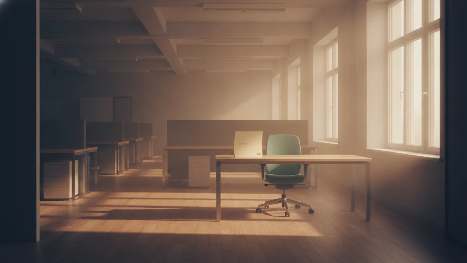 An empty office corner at dawn, warm light across a bare desk with one closed folder and an empty chair.