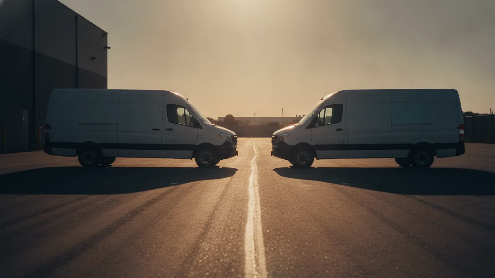 Two plain vans face each other across a depot yard at golden hour, a strip of low light between them.