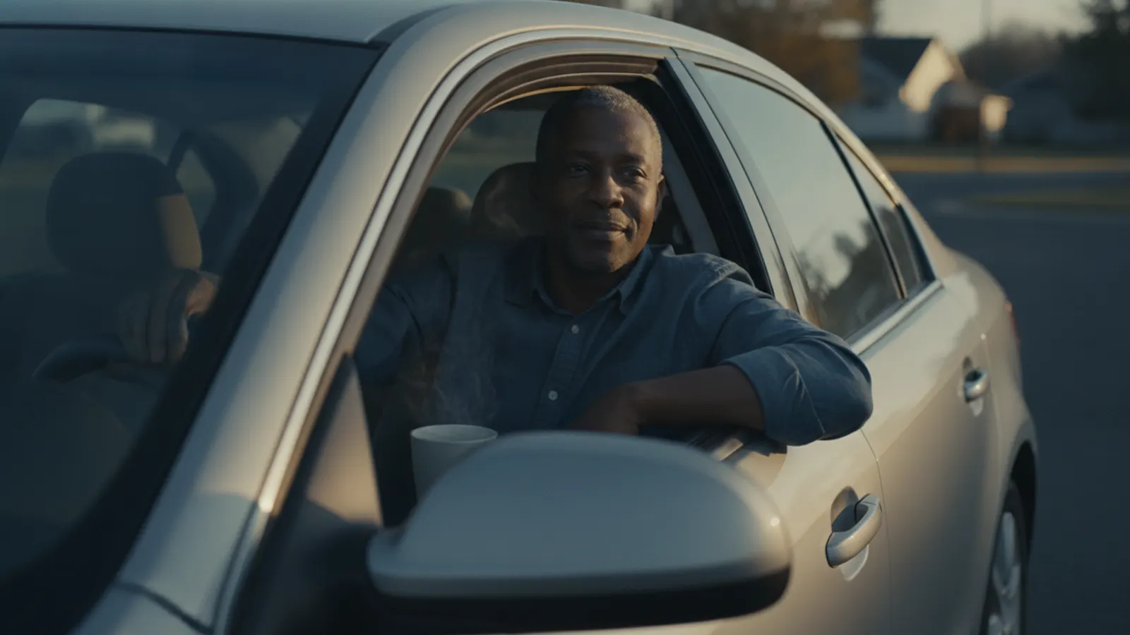 A man sits calmly in the driver's seat of his stationary parked car with the door open in warm morning light.