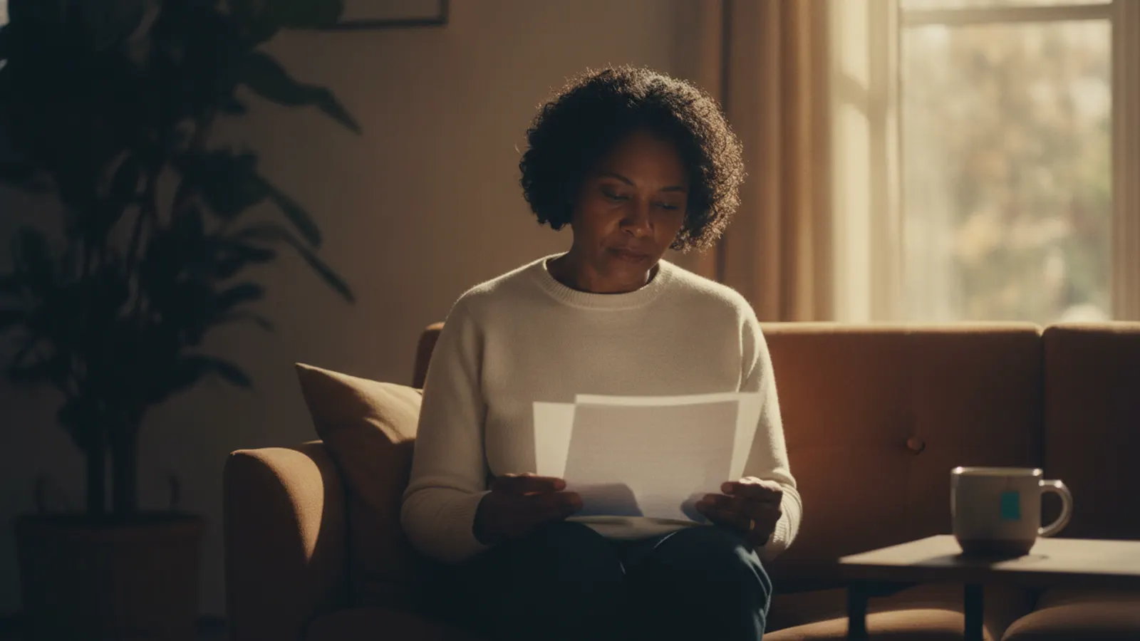 A woman reads a document on her knees on a sofa in warm afternoon light, a mug beside her.