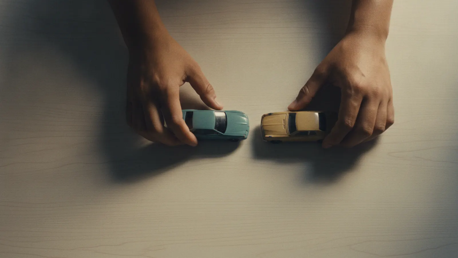 Two hands arranging small model cars on a bare wooden table, seen from above in soft daylight.