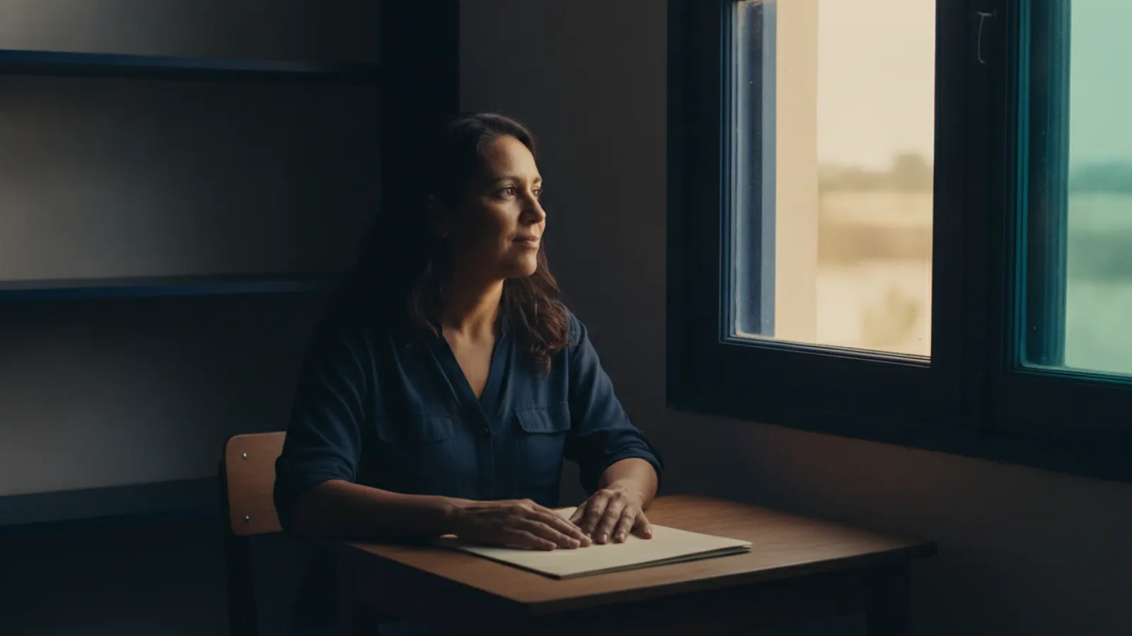 A woman at a desk by a window in early light, her hand resting on a closed folder as she looks outside.